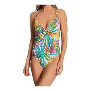 Blue Rod Beatte One Piece Swimsuit Size 8 Tropical Leaf Print Cross Back